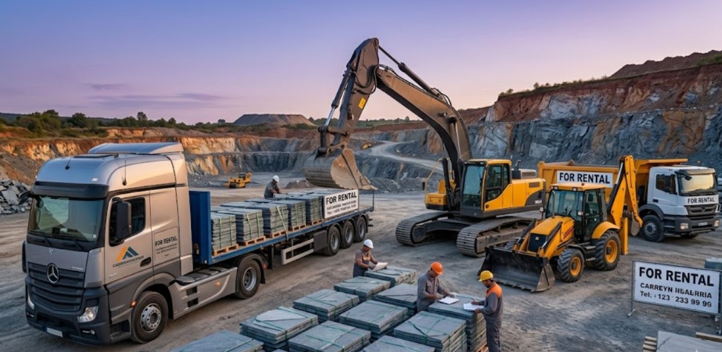 Ekskavatör, kamyon ve iş makinesi filosu, ocak ve taş yükleme sahası