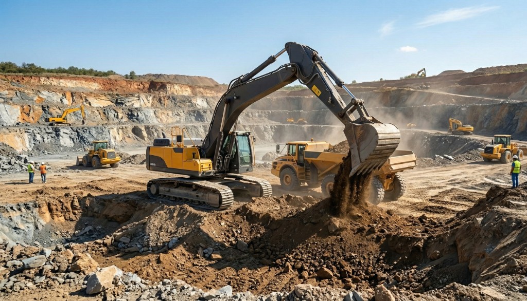 Açık ocakta ekskavatör ve iş makineleriyle taş üretimi ve yükleme