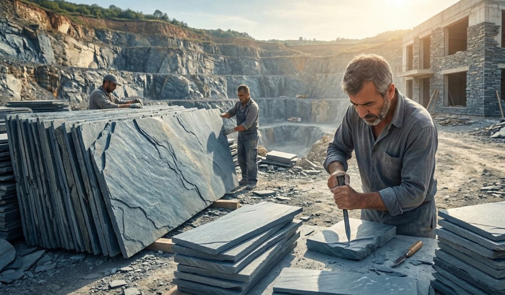 Ocakta kayrak taşı işleyen usta, el aletiyle doğal taş uygulaması